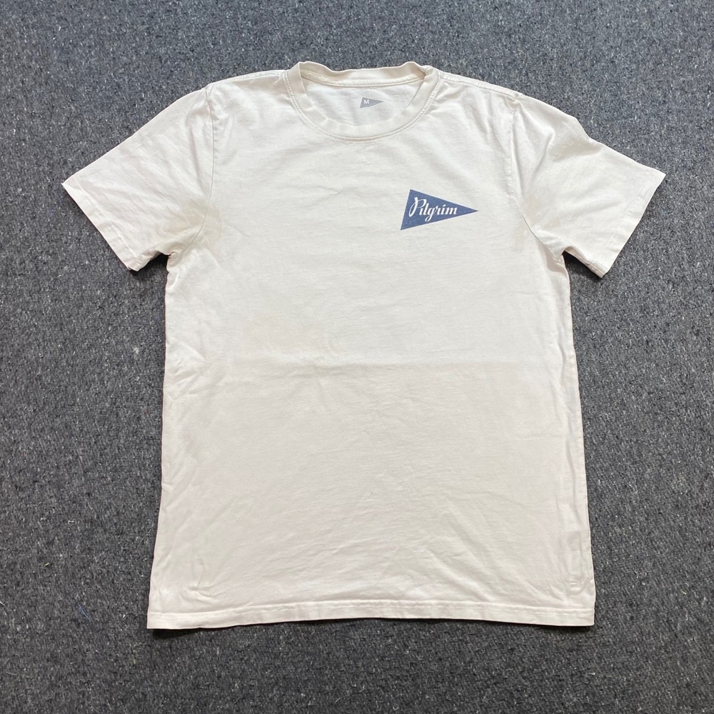 Pilgrim Surf Supply TShirt Sz M Mens Cream Pennant Logo Made in USA Skater Surf